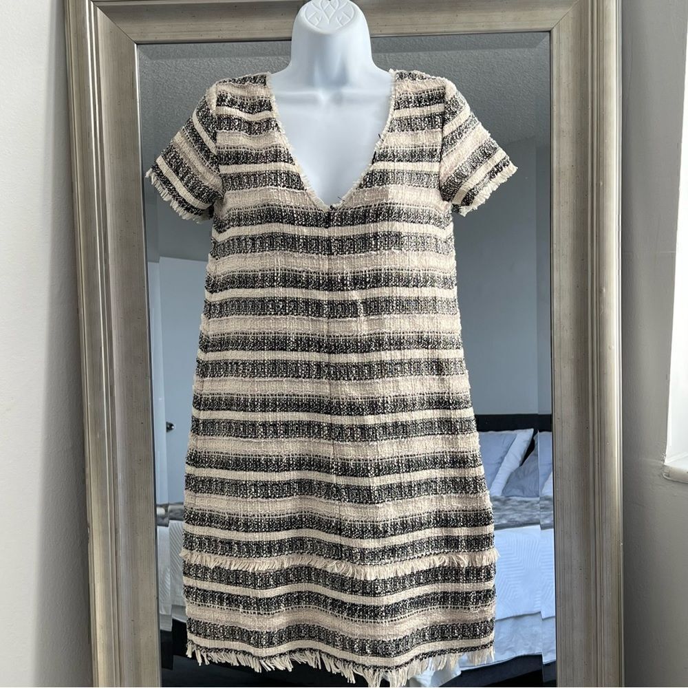 ZARA Straight Stripped Dress With Fringe Trim Size XS